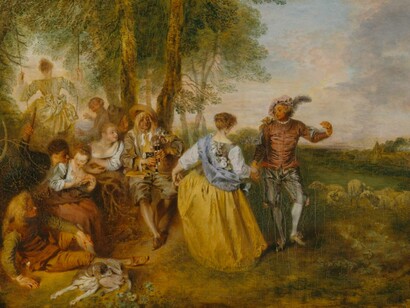 Antoine Watteau, Die Hirten (Les Bergers), Detail, um 1717, Öl auf Leinwand, Stiftung Preußische Schlösser und Gärten Berlin-Brandenburg, Foto: SPSG/Wolfgang Pfauder/Daniel Lindner