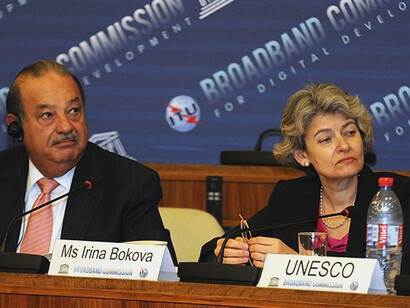 Carlos Slim Helú, Honorary Lifetime Chairman of Grupo Carso, Co-chair, and Ms Irina Bokova, Director-General, UNESCO, Vice-Chair, at the Meeting of the Broadband Commission for Digital Development in session, Paris, June 6, 2011