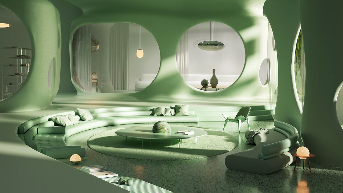 Diseño digital de una sala de estar, realizado por el estudio Six N. Five