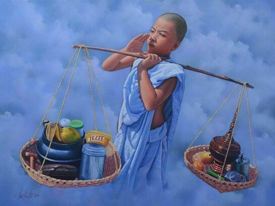Aung Kyaw Htet, Remind for Offering of Food, Oil on Canvas, 34" x 45"