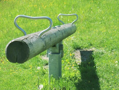 A wooden log acting as a seesaw is the traditional method of going up and down with the support of someone