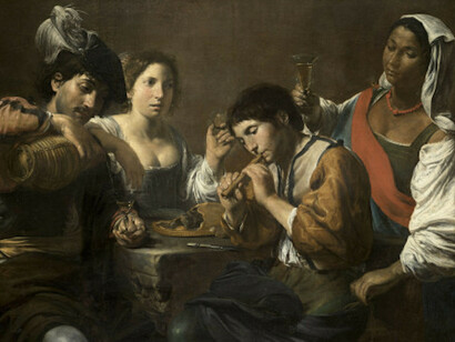 Valentin de Boulogne, Gathering in a Tavern (The Guileless Musician) , ca. 1623-1625, Oil on canvas, 96x133 cm, Département des Peintures, musée du Louvre, Paris © RMN-GP (musée du Louvre) / Tony Querrec.
