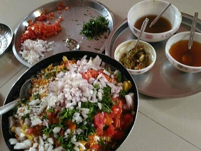 Contents of bhelpuri in Brahmin household of Maharashtra, India 