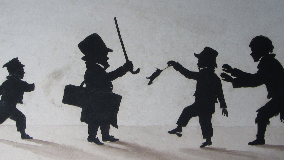 Augustin Edouart (1789-1861), Boys Teasing a Dwarf, Paper cut-out on paper, with ink wash, 22 x 38 cm © The Holburne Museum
