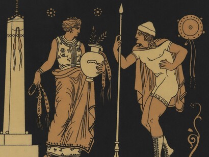 La ilustración muestra a los hermanos Electra y Orestes, personajes del mito de la guerra de Troya. Ambos se encuentran frente a la tumba de su padre, el rey Agamenón. Discute los temas del luto, la venganza y el destino trágico