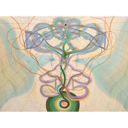 Emily Cheng, Red Triangle, 2020-23, flashe on canvas, 36x48 inches. Courtesy the artist and VillageOneArt, NYC