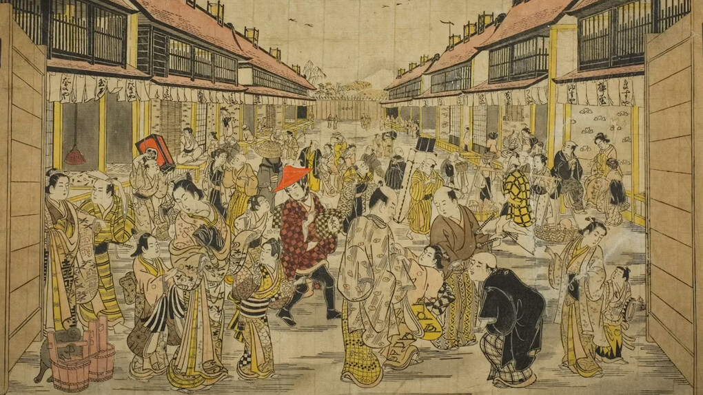 Torii Kiyotada, The main gate (detail), New Yoshiwara, about 1745. Courtesy of Art Institute of Chicago