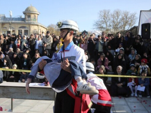 The street play Bell of Heaven was performed in Imam Khomeini Square in Hamedan, portraying the attack on the Shajareh Tayyebeh School in Minab as its central theme, Iran