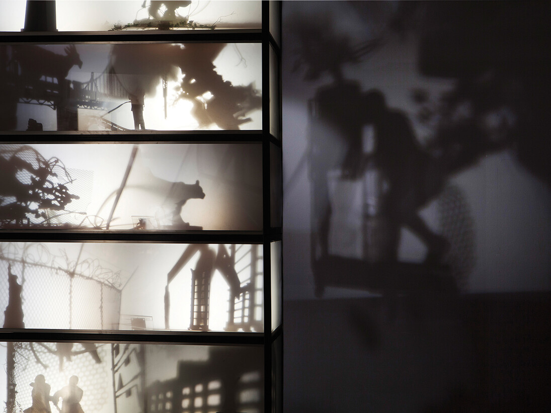 Mioon, Auditorium, 2014, Cabinet, objects, lights, motors, 700 x 500 x 320 cm, image Courtesy of the Artist and Hanmi Gallery