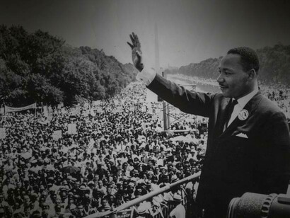 Martin Luther King Jr. waving to the crowd after his speech in Washington D.C., USA