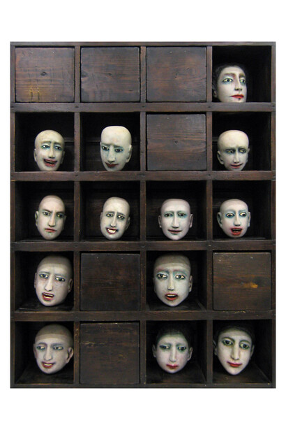 Ana Maria Pacheco, Box of Heads (Studies for The Banquet Sculpture), 1983, Polychromed Wood, 92 x 71 x 18 cm, on loan from Towner, Eastbourne, on exhibition at The Gallery, Norwich University of the Arts 