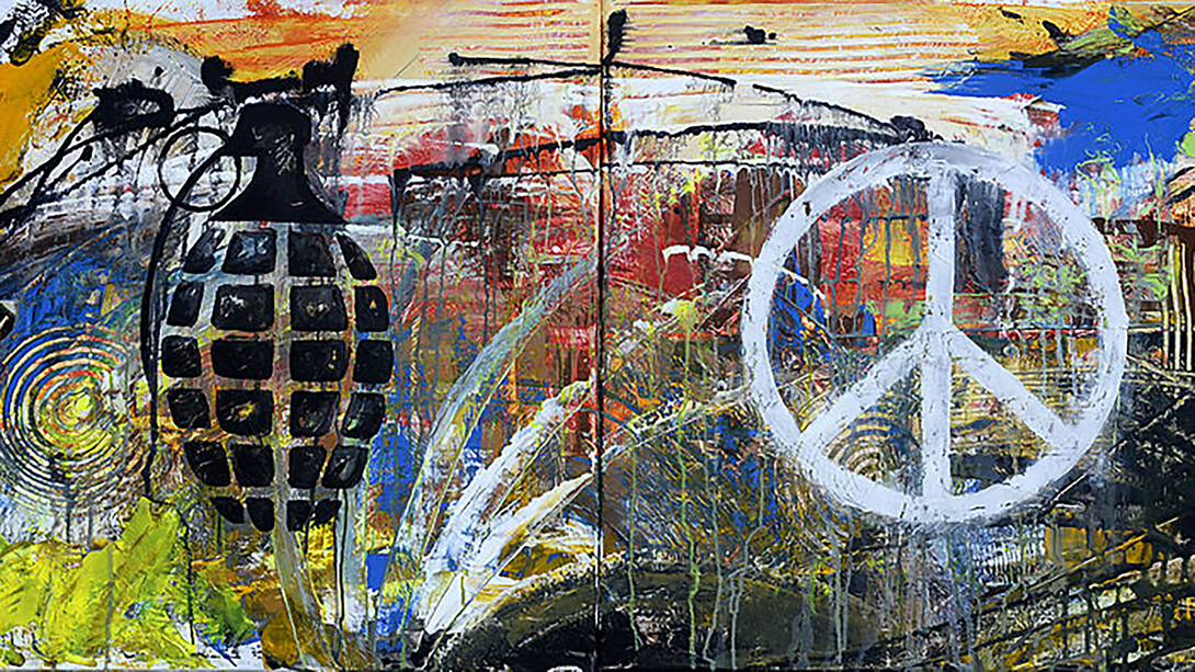 This stunning acrylic painting, spanning two 24x24 inch canvases, vividly portrays the themes of war and peace. Crafted by the artist to enhance proficiency with acrylic paint, this artwork offers a compelling visual exploration. (U.S. Air Force art by Staff Sgt. Jamal D. Sutter/Released)