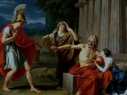 «Edipo en Colono», por Jean-Antoine-Théodore Giroust: Aristóteles también pone los cimientos de la reflexión estética en su «Poética», donde describe los rasgos de la tragedia