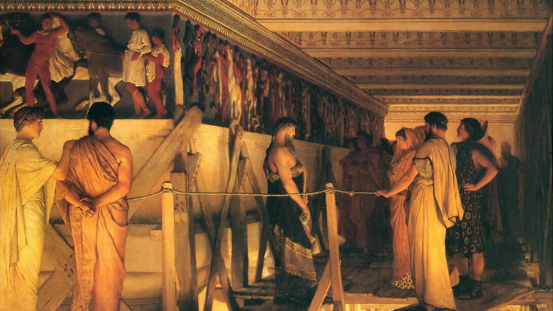Fidias mostrando el friso del Partenón a Pericles, Aspasia, Alcibíades y amigos, cuadro de Lawrence Alma-Tadema (1868)