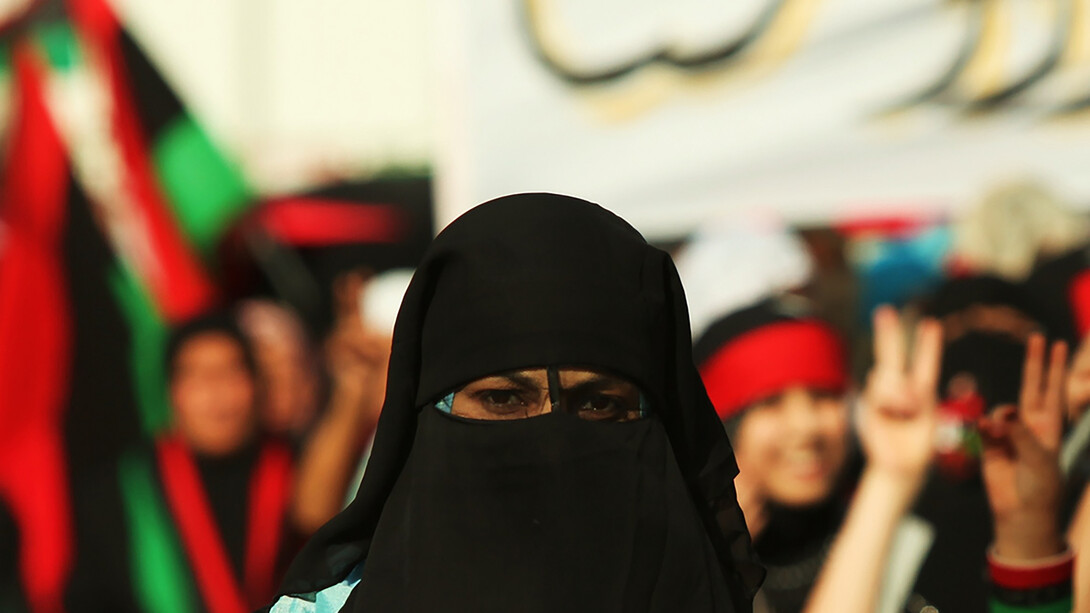 Libyan girl wearing a niqab during the demonstrations against the regime of Gaddafi in Bayda, Libya
