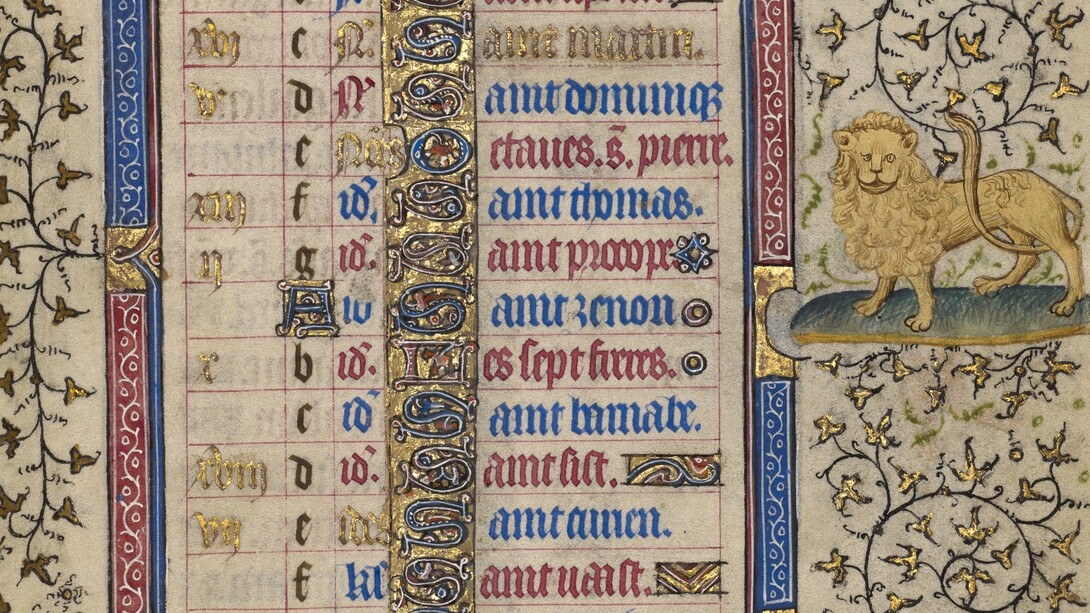 "Pagina del calendario di luglio; Raccolta del grano; Leone",1410 circa. Seguace del Maestro Egerton (francese, olandese, attivo dal 1405 al 1420 circa). Dal "Libro delle Ore", conservato al Getty Museum, Los Angeles, USA
