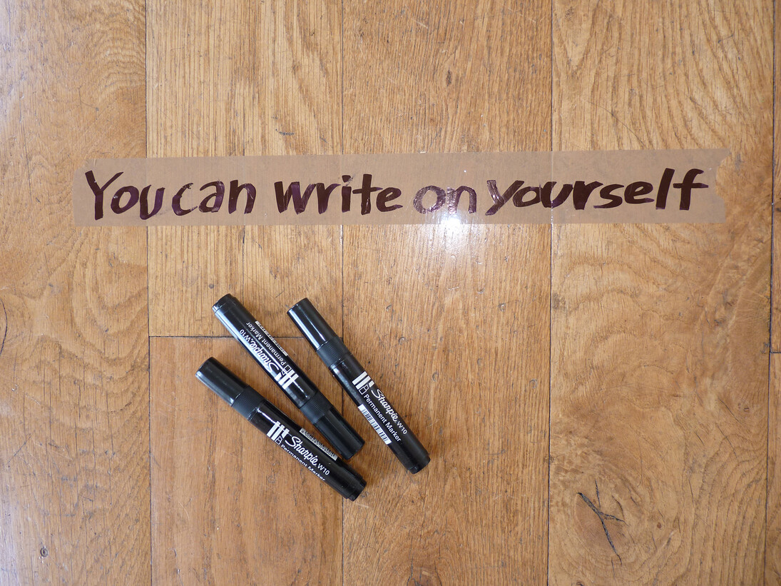 Satoshi Hashimoto, You Can Write on Yourself, 2014, permanent marker, instructions, visitors
