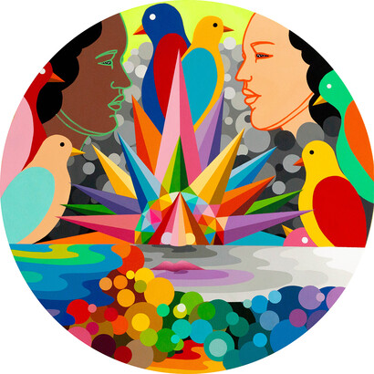 DCG London, Okuda, Landsface, 2021, synthetic enamel painting on wood, one of a kind, Diameter 60 cm