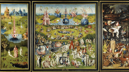 Dans Le Jardin des délices (vers 1490-1500), Jérôme Bosch déploie un monde où le plaisir bascule vers le chaos, révélant la violence tapie derrière les désirs humains et la fragilité du corps livré au péché