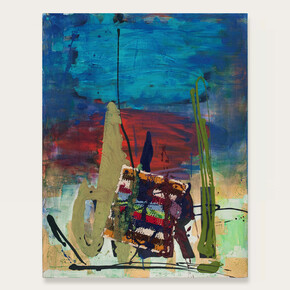 Rochelle Feinstein, !, 2010, Oil, leaf, acrylic, fabric on canvas, 49 x 38 in