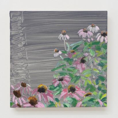 Aubrey Saget, Walking to the Movies, 2023. Oil on panel, 9 x 9 inches (22.9 x 22.9 cm). Courtesy of Halsey McKay Gallery