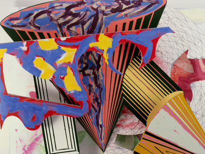 Frank Stella, Gobba, zoppa e collotorto, 1985. Oil, urethane enamel, fluorescent alkyd, acrylic, and printing ink on etched magnesium and aluminum. 137 x 120 1/8 x 34 3/8 in. (348 x 305 x 87.5 cm). The Art Institute of Chicago; Mr. and Mrs. Frank G. Logan Purchase Prize Fund; Ada Turnbull Hertle Endowment 1986.93. © 2015 Frank Stella/Artists Rights Society (ARS), New York.
