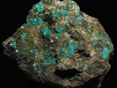Chalcophyllite, Braden Mine (Teniente Mine), El Teniente, Cachapoal. Una pieza rica para la localidad con docenas de cristales aplanados de la rara especie de cobre Calcofilita, Rancagua, Chile
