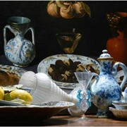 Group of ceramics and glasses from the 17th century with a still life painting by School of Madrid, 1620s