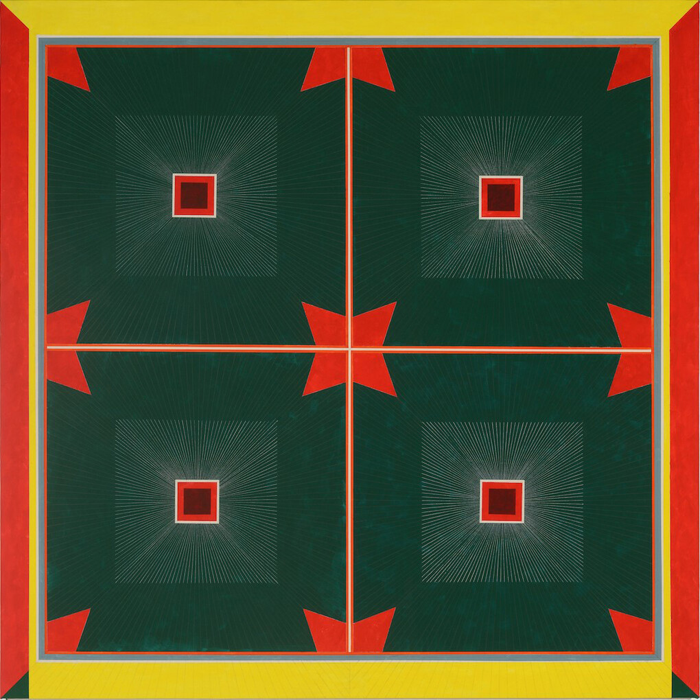Mary Judge, Diadema Red and Green, 2014, flashe, graphite, white charcoal pencil on linen mounted on board, 48 x 48 inches