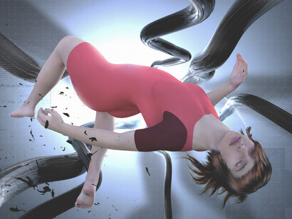 Injured female crew member drifting through a futuristic spaceship corridor during an emergency