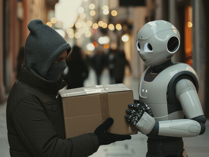 An adult interacting with a delivery robot in a futuristic setting