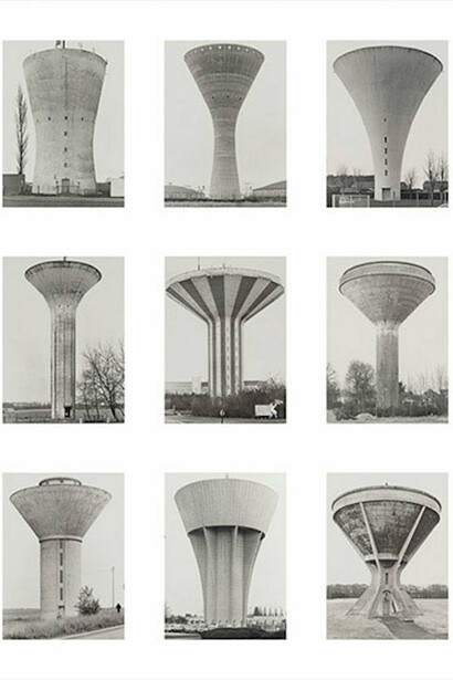 Bernd Becher, German, 1931– 2007 and Hilla Becher, German, 1934 – 2015, Water Towers, 1972 – 2009, nine gelatin silver prints. Courtesy of National Gallery of Art