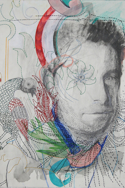 Anna Capolupo, Ma non solo un uomo, un giardino, 40 x 30 cm, grafite, pastelli e filo di cotone su carta, 2015