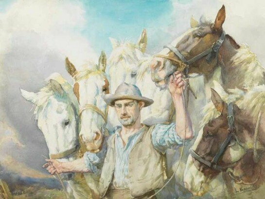 Lucy Elizabeth Kemp-Welch RI ROI RBA, 1869–1958, Comrades of Many Journeys (‘Transport Teams’), c. 1928, watercolour, 75 x 105 cm, 291⁄2 x 413⁄8 in