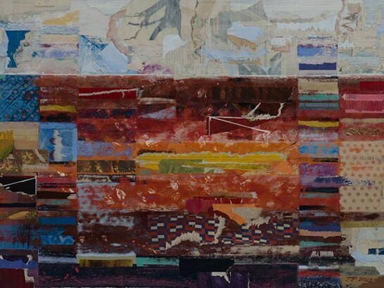 Tom Pike, Down at the Docks, 38 x 55.5cm,  
acrylic on wood panel and collage