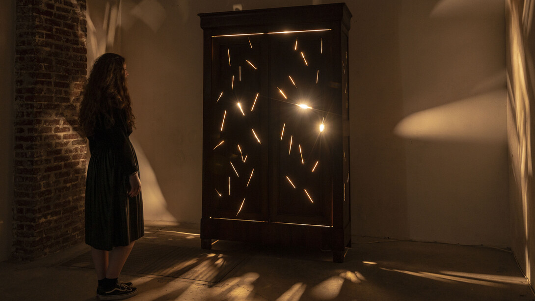 Fireworks in my closet, 2016 Closet, light bulbs, 225 x 140 x 53 cm. Exhibiton view ‘Les Équivalentes’- Galleria Continua / Les Moulins, Mai 2018 Courtesy the artist and Galleria Continua, San Gimignano / Beijing / Les Moulins / Habana. Photo by Oak Taylor-Smith