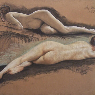 Richard Müller, Nudi di ragazze sdraiate, pastello su cartone, 1920