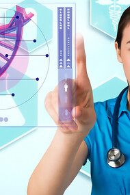 A doctor examines a medical application that highlights genetic information