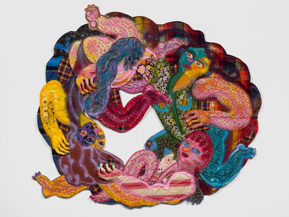 Maria A. Guzmán Capron, Tengo Ojos Solo Para Ti, 2023, fabric, thread, batting, stuffing, spray paint and acrylic paint, 74x84x3 inches, photo by Ed Mumford. Courtesy of the artist and Shulamit Nazarian, Los Angeles 