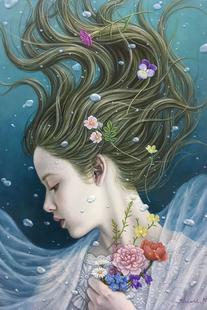 Shiori Matsumoto, “Ophelia”, oil, acrylic on canvas, 13 x 9.5 inches
