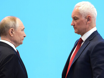 Russian President and Defence Minister, Vladimir Putin and Andrey Belousov are seen facing each other during a regular session of the Collective Security Council of the Collective Security Treaty Organization, Astana, 28 November 2024