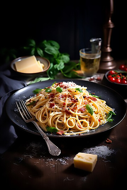 Savory flavors of pasta carbonara, an iconic Italian dish, elegantly plated and ready to enjoy, epitomizing the essence of Italian cuisine