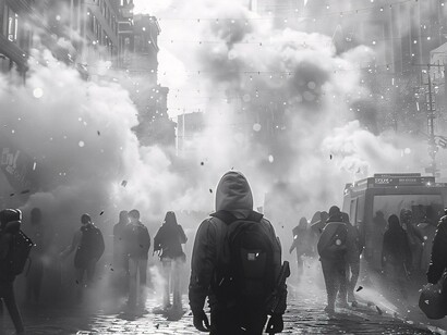 A black-and-white depiction of a street engulfed in smoke and tension, capturing the raw energy of mass protests and the struggle for justice