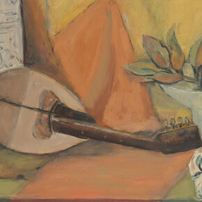 Alma Woodsey Thomas, (American, 1891–1978), Still Life with Mandolin, 1950s, Oil on Masonite, 19 7/8 x 35 1/4 inches. The Johnson Collection, Spartanburg, South Carolina