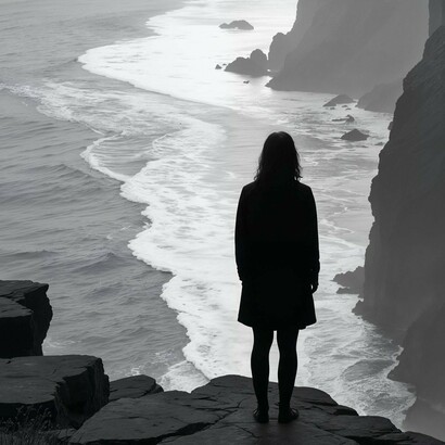 Facing the chasm in a monochrome world, the individual becomes a symbol of existential rupture—and the will to affirm life despite it