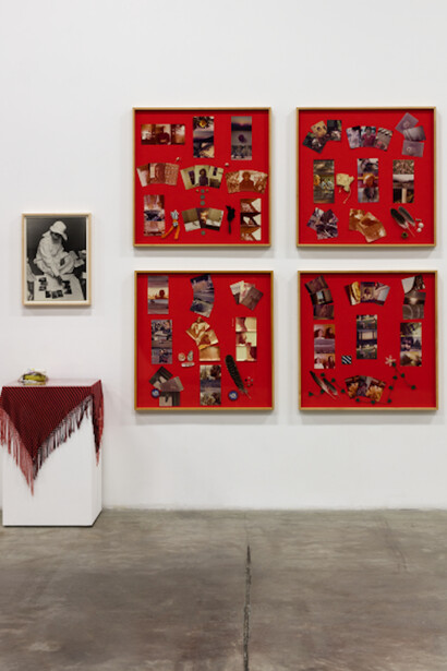 Barbara T. Smith, The Cloistered Study, 1976, color photos and found objects mounted on felt; vintage b/w photograph mounted on chipboard; performance artifact: color photos, plastic photo case with embroidery fragment as tie , dimensions variable. Courtesy of the artist and The Box, LA. Photo: Fredrik Nilsen..