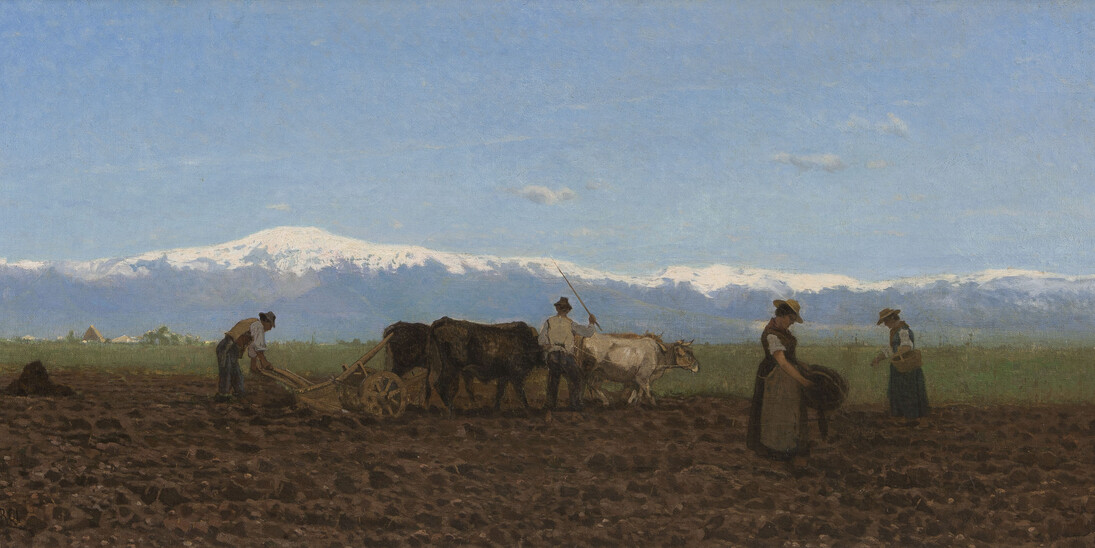 Guglielmo Ciardi, L’aratura (Il lavoro nei campi), 1872, olio su tela, 44 x 95 cm