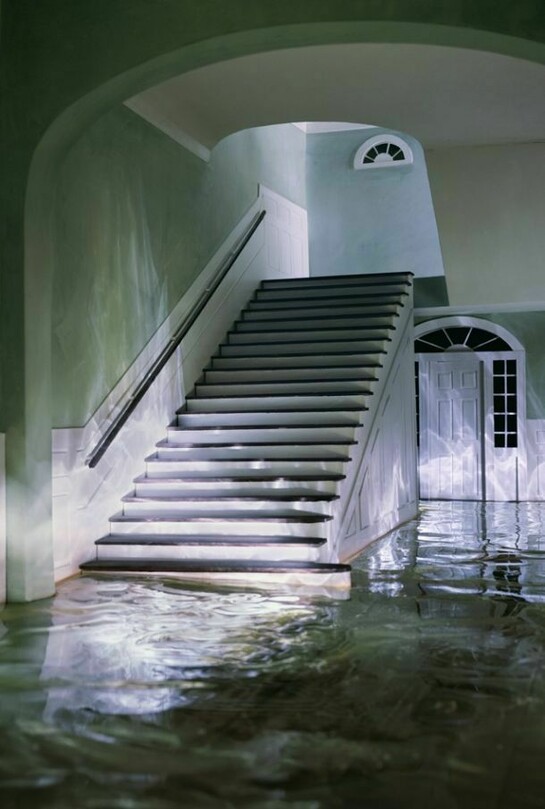 James Casebere, Green Staircase #1, 2002, Framed cibachrome print mounted to Dibond, Image: 58 x 46 1/2 inches (147.3 x 118.1 cm), Framed: 61 x 49 1/2 inches (154.9 x 125.7 cm) ©James Casebere, Courtesy Sean Kelly, New York