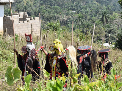 Hervé Youmbi, Tso Scream Mask and Tso Scream Leopard Mask at the Nka’a Kossié society succession ceremony at Fondati Chieftaincy, December 3, 2022. Courtesy of NOMA