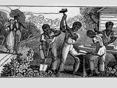 Anti-slavery almanac from 1840. It displayed the text "Poor things! They can't take care of themselves!"